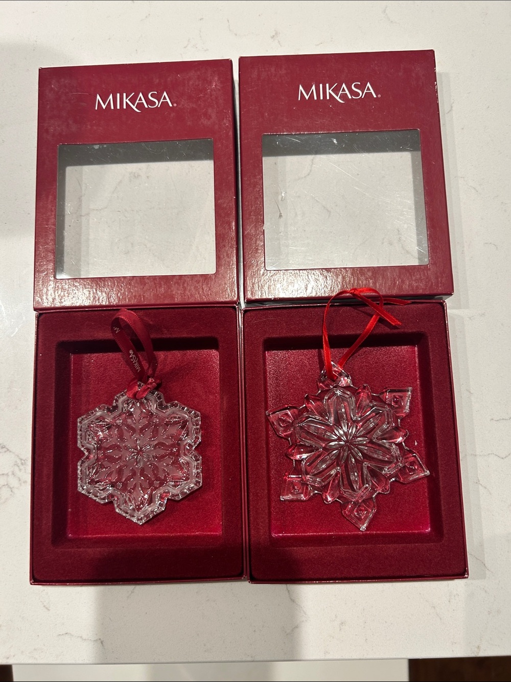 Vintage Mikasa Clear Crystal Snowflake Ornaments with Red Ribbons - Set of 2
